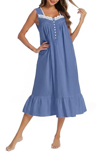 Image of AVIIER 100% Cotton Nightgowns for Women Sleeveless Sleep Dress Ladies Gowns Sleepwear with Pockets