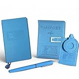 Travel Mate Co 4-Piece Travel Accessories Set - Premium Leather Passport Holder for Travel & Luggage Tag with AirTag Slots - RFID Blocking Wallet with Pen & Notebook - Vacation Gift Unisex (Sky Blue)