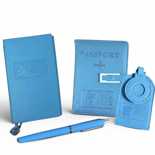 Passport Holder RFID Travel Security Wallet Set: Luggage Tag, Pen & Notebook, 4‑Piece Accessories Kit; Slim, Compact, Lightweight PU Leather in Luxury Gift Box for Men & Women (Sky Blue)