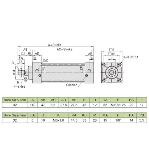 Vérin pneumatique SC32 double effet alésage 32mm course 25 à 1000mm