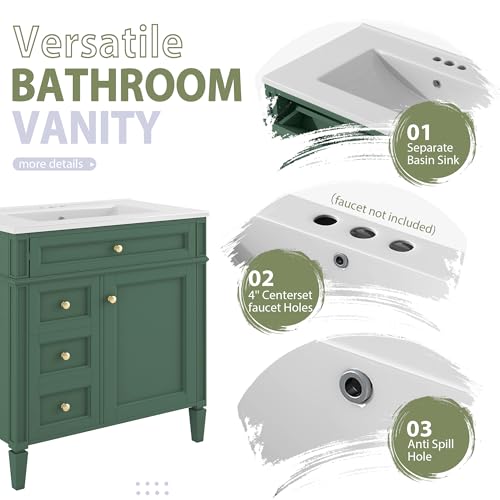Image of Merax 30 Inch Bathroom Vanity with Sink Set, Modern Bathroom Vanity Storage Cabinet with Matching Mirror Medicine Cabinet, Solid Wood Frame,Painted Finish, 2 Drawers and 1 Tip-Out Drawer, Green