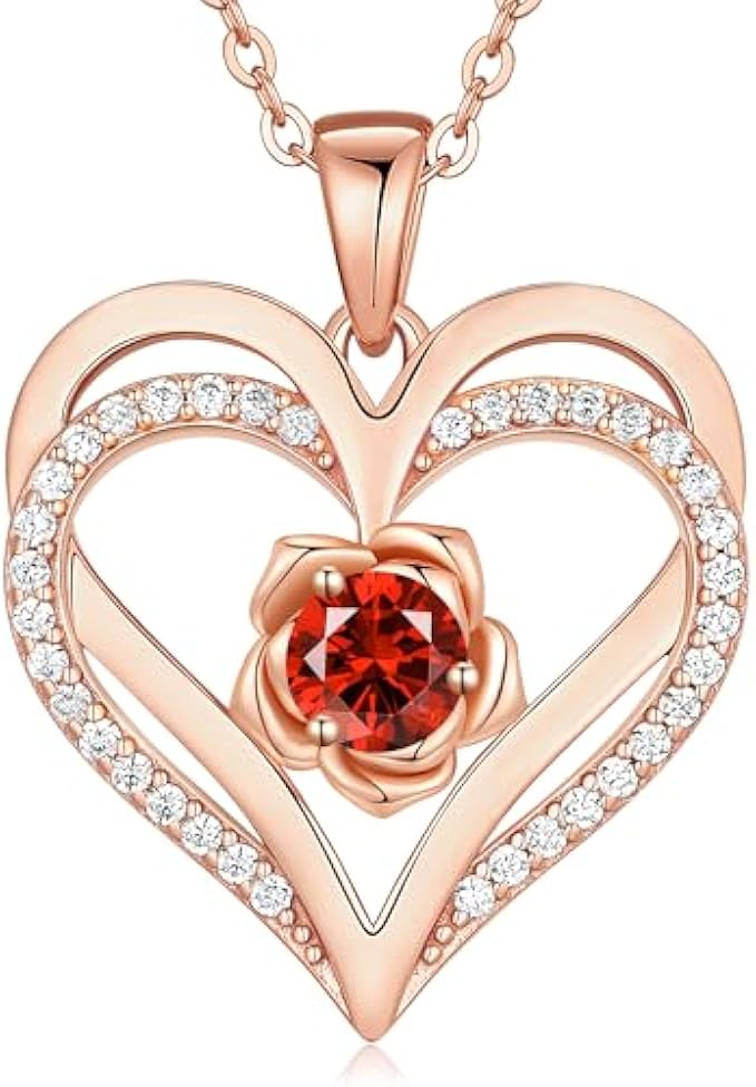 CDE Gifts for Women, Ideal Wedding Anniversary, Birthday Gift for Wife, Rose Flower Love Heart Birthstone Necklaces for Women Christmas, 925 Silver Rose Gold Jewelry for Girlfriend Mom Her
