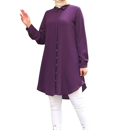 Long Sleeve Chiffon Tunic Top with Collar, Fuchsia Pink and