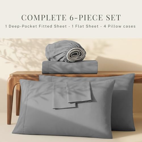 Image of Hearth & Harbor Bed Sheets, Luxury Soft 6 Piece Bed Sheet Set Extra Deep Pocket Fitted Sheets Fits Mattress up to 21 inch, Double Brushed Bedding Sheets & Pillowcases, King, Frost Gray