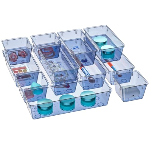 Image of WOWBOX 12 Pack Clear Drawer Organizer Set, Acrylic Drawer Storage Trays, Storage Bins for Makeup, Cosmetics, Jewelries, Utensils, Gadgets, Office, Dark Blue