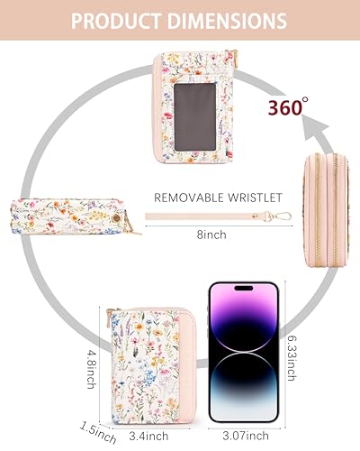 Image of Pink Floral Credit Card Holder for Women,Accordion Wallet | RFID Blocking Card Wallet, Vegan Leather with Wristlet, dual independent zipper compartments,17 Card Slots