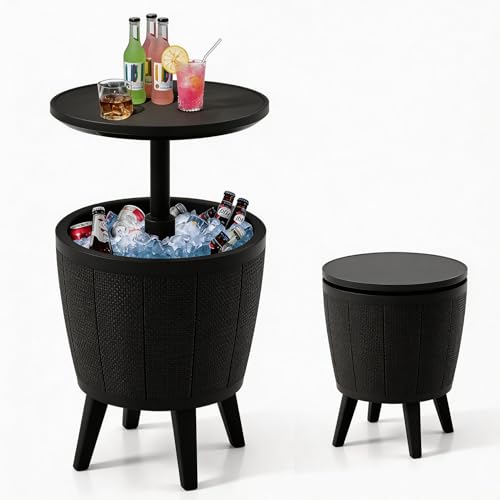 TANGZON 38L Ice Bucket Table Side Table Beer Cooler with Telescopic Tabletop All-Weather Outdoor Coffee Cocktail Tables for Backyard Party Poolside