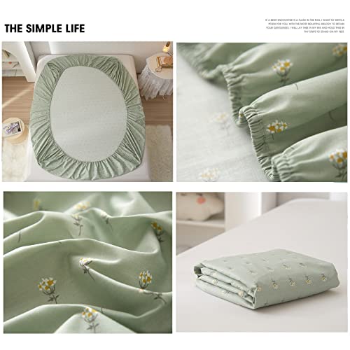 Image of HIGHBUY 100 Percent Soft Cotton Floral Pattern Fitted Sheet Twin Size Green Flower Printed Twin Kids Bedding Deep Pocket 1 Piece KDS Bed Sheet Comfortable (Queen, Style-A)