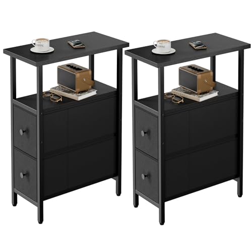 Ymyny Mesa Auxiliar Estrecha Conjunto De 2 Piezas, Mesita De Noche Con Dos Cajones Tapizados En Tela, Mesa Auxiliar Sofa Adecuada Para Salon Dormitorios, Negro Hst019b-2