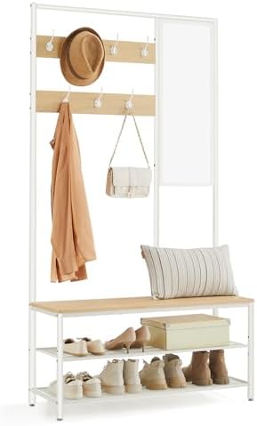 VASAGLE Garderobenständer mit Spiegel, Schuhbank, 2 Ablagen | Kleiderständer, 98 x 35 x 180 cm, Verstellbar, für Flur, Goldeichenfarben, Dacey Kollektion HSR415W09
