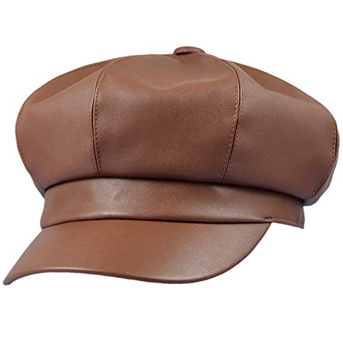 Sportmusies 8 Panels Newsboy Caps for Women, PU Leather Cabbie Painter Hat Gatsby Ivy Beret Cap, Brown