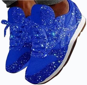Jonuiony Women's Fashion Casual Breathable Crystal Bling Lace Up Sport Shoes Sneakers Glitter Tennis Sneakers Comfy Sparkly Rhinestone Bling Running Shoes Shiny Sequin Flat Heel Shoes(Blue,11)