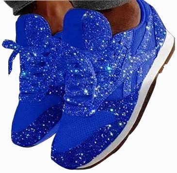 Jonuiony Women's Fashion Casual Breathable Crystal Bling Lace Up Sport Shoes Sneakers Glitter Tennis Sneakers Comfy Sparkly Rhinestone Bling Running Shoes Shiny Sequin Flat Heel Shoes(Blue,11) #TOP1
