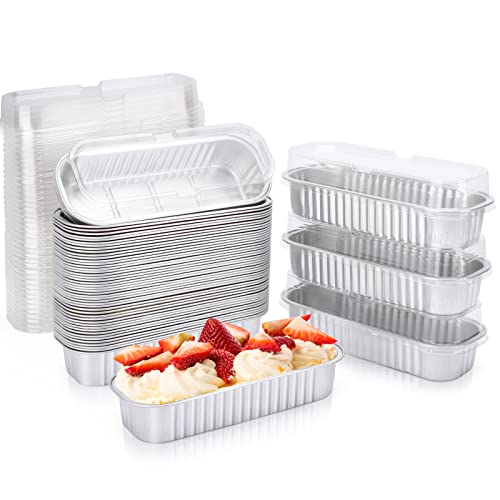 Suice Disposable Ramekins With Lids 6.5"X2.5"X1.2", 50Pcs Aluminum Foil Baking Cups For Individual Cake Mini Cupcake Pans With Lids, Silver Mini Cheesecake Container Rectangle-Shaped Cups For Serving #TOP3