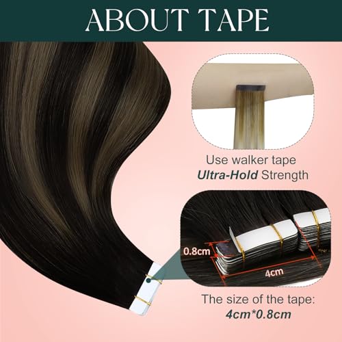 Image of Easyouth 24 Inch Tape in Hair Extensions Human Hair Brown Balayage Real Hair Tape in Extensions Human Hair Dark Brown Ombre Brown Invisible Tape in Extension Adds Length 20pcs 50g Long Straight Hair