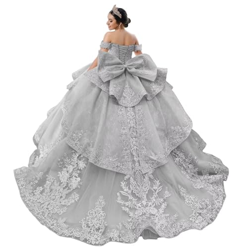 Mouccy Princess Silver Sweet 16 Dress Tulle Lace Quince Dresses
