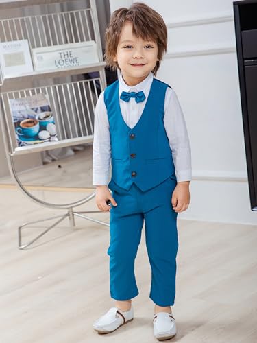 Image of Baby Boys Gentleman Formal Suit Set with Vest, Pant, Shirt, and Bow Tie, Weding 4Pcs Outfit