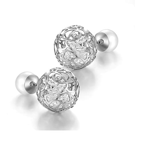 BEAUTY CHARM Double Sided Pearl Earrings Womens Fashion Elegant Faux Pearl Crytal Hollow Rose Flower Balls Double Front Back Ball Stud Earrings, White/Silver Plated