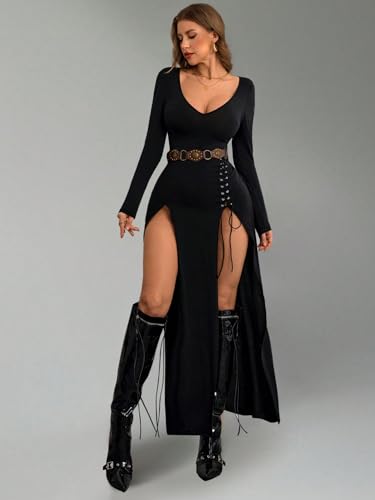 GothDark Vintage Black Goth Long Sleeve Dress High Slit V Neck Eyelet Rope Sexy Party Club Halloween Dress4