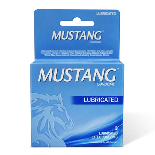 Mustang Lubricated Latex Condoms, 3 Count Pack – Premium Natural Latex, Silky Lubricant, Electronically Tested, Receptacle Tip