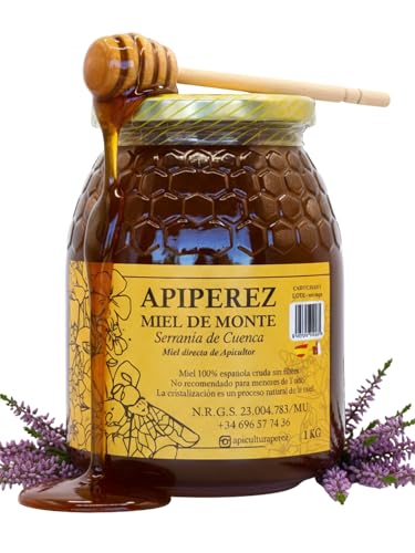 APIPEREZ Miel Cruda de Monte 1 kg – Miel Natural de Mielato, Antioxidante y Antimicrobiana – Sabor Intenso y Color Ámbar Oscuro – Recolectada en la Serranía de Cuenca