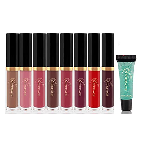 NICEFACE Matte Nude Lipstick Set, 8 Colors Waterproof Long Lasting Lip Gloss Non-Stick Cup Liquid Lipstick Set With Makeup Remover Gel (Kit 2)