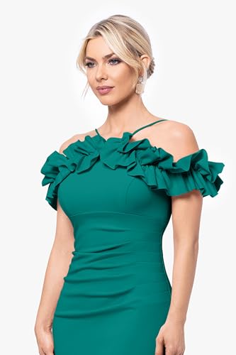 Image of Xscape Women's Xscape Women's Off the Shoulder Leg Slit Ruffle Floor Length Dress