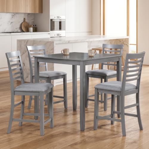 5 Piece Counter Height Dining Table Set, Farmhouse Wooden Dinner…