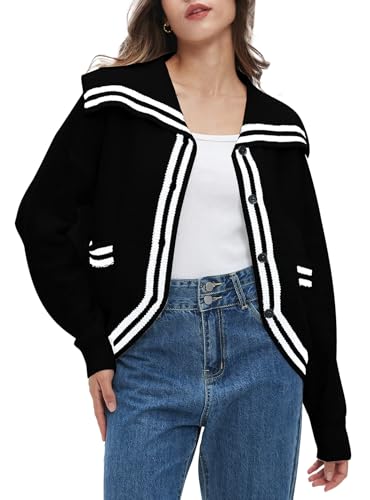 Image of Ladyful Stripped Cardigan for Women Lapel Button Down Open Front Sweater Long Sleeve Knit Outerwear