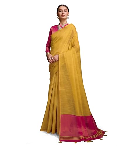 Image of SWORNOF Women's Linen Cotton Silk Saree with Unstitched Blouse Piece | Saree for Women | Saree with Blouse Piece | Soft and Skin Friendly