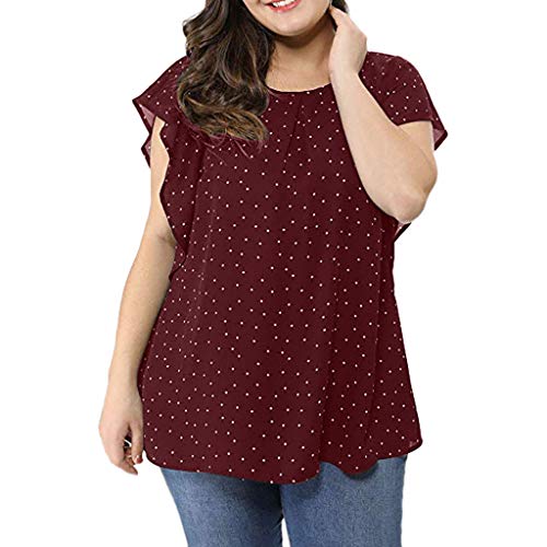 NREALY Blusa Womens Summer Plus Size Ruffle Sleeve Shirt Top Polka Dot Chiffon Blouseï¼ˆXXXXLï¼Œ Wineï¼‰