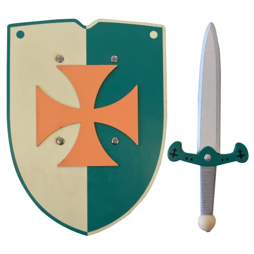 GERILEO Épée et Bouclier de Chevalier en Bois Faits à la Main - Jouet pour Enfants, Garçons et Filles - Compliment pour Jeux, Jeux d'imitation, déguisement, médiéval, Guerrier (Vert, 30 cm) Cover