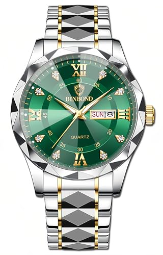 Gosasa Luxury Mens and Womens Business Diamond Stainless Steel Waterproof Roman Numeral Analog Quartz Watch with Day-Date Calendar Gold and Silver Tone (M-Gold Green Men)