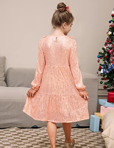 Grace Karin Girls Sequin Dress Long Sleeves Ruffle Girls Dress With Hair Bow Pink Gold 12Y #TOP3