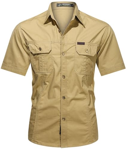 PADOLA Hemd Herren Kurzarm Hemden Button Down Cargo Arbeitshemd Sommer Freizeithemden Slim Fit Westernhemd Baumwolle Cowboyhemd Einfarbiges Safari Hemd Strandhemd Combat Shirt (0 Khaki, L)