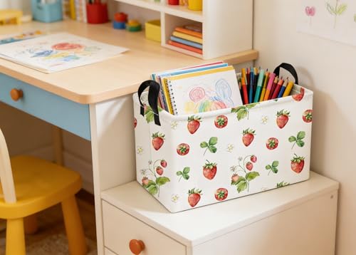 Image of Essme Rectangular Kids Baskets,Strawberry Storage Box,Cute Basket for Kids with Handles for Room Decor, Book Bins,Shelf Basket.(Strawberry)
