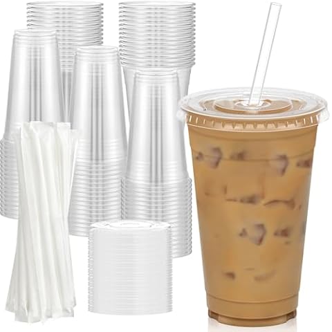 Dealusy 100 Pack Plastic Cups with Lids and Straws Cover