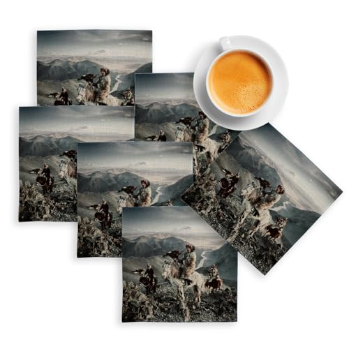 sous Verre en Lin - 3 Chasseurs Altai Mongolie Aigles Montages Vallee Photo Exceptionnelle - Lot de 6 (100 x 100 mm)