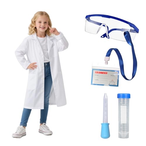 Bata de médico para niños, bata de laboratorio, color blanco, disfraz para jóvenes y niñas, abrigo de laboratorio, manga larga, medicina con gafas protectoras, tubo de ensayo para Doctor Fancy Dress