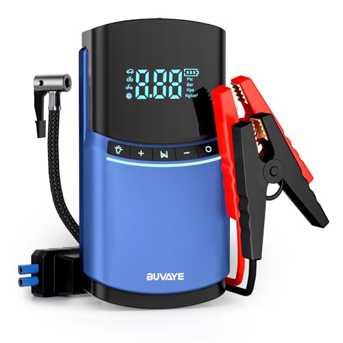 BUVAYE BN03 Booster Batterie Voiture avec Compresseur, Portable 2500A Jump Starter (Jusqu’ à 5L Diesel Ou 8L Gas) 12V Démarreur de Voiture, 150PSI Gonfleur Pneus Voiture avec Lampe LED