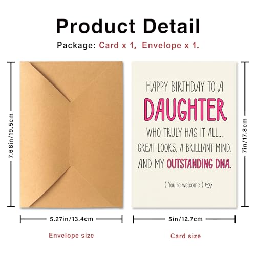 Lhazyl Funny Birthday Card for Daughter from Mom Dad, Humorous Outstanding DNA Joke Greeting Card, Cheeky Bday Gift for Adult Teen Girl with Kraft Envelope, Blank Inside 5x7 Inch
