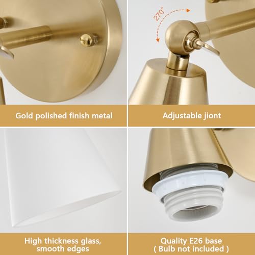Image of MWZ Gold Wall Sconce Decor 2 Pack,Modern Brushed Brass Sconces Lighting with White Glass Shade,Bathroom Light Fixtures Over Mirror,Vanity Lights Over Sink,Indoor Wall Mount Adjustable Angle Lamp