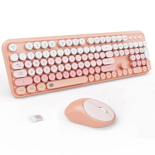 Image of Wireless Keyboard and Mouse Combo,Cute Round Keys,for Long Nail,Orange Pink | Aesthetic Bubble Keys,Retro Typewriter Style,Clicky Sound,2.4GHz USB Receiver,Full-Size with Number Pad for PC Laptop Desktop
