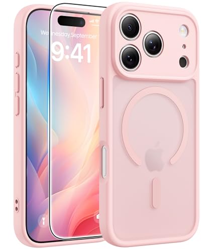 FNTCASE for iPhone 17 Pro-Max Case: [Compatible with Magsafe] Translucent Matte Cases with [Full Camera Protection] [Screen Protector] Military Grade Shockproof Protective Phone Cover - Light Pink