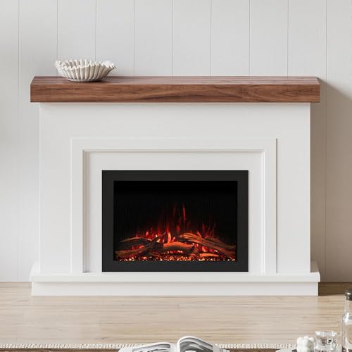 Modern Ember Leila Smart Electric Fireplace Mantel Package | 33” Firebox Heater | Cast Stone w/Stucco Texture & Walnut Mantel | Multi-Flame Colors | Remote Control, Wi-Fi App, Alexa & Google