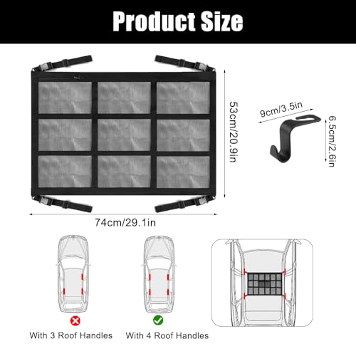 Gepäcknetz Auto für Aufbewahrung, 74 x 53 cm Universal Autodach Gepäcknetz Decke mit Reißverschluss, mit 2 Haken, Verstellbare, für Vier Dacharmlehnen, Van und die Meisten Fahrzeugtypen (Schwarz)