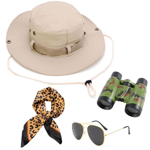 RQcMid 4-teiliges Set Safari Hut Damen Safari Kleidung Damen Dschungel Kostüm Tropenhelm Safari Kleidung Tropenhut Sonnenhut mit Tarnmuster 6x30 Fernglas Sonnenbrillen Outdoor-Kappe