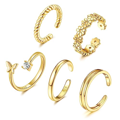 Awinesn 5Pcs 14K Gold Plated Toe Rings For Women Adjustable Flower Butterfly Band Rings Summer Beach Open Toe Rings Foot Jewelry cover