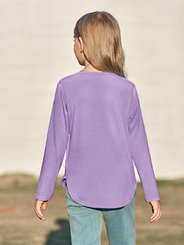Image of Haloumoning Girls Long Sleeve T Shirts Kids Crewneck Tops 5-14 Years | Solid Color, Casual Loose Fit, Basic Tees, Curve Hem, Side Slit, Soft Tunic Tops, Fashion Clothes