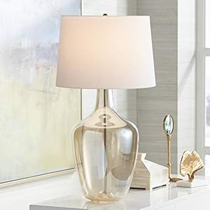Possini Euro Design Ania 31″ Tall Jar Large Modern Coastal Country Cottage End Table Lamp Clear Champagne Glass Single Off-White Shade Living Room Bedroom Bedside Nightstand House Office Home
